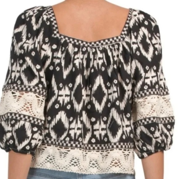 Christian Siriano‎ Boho Peasant Top Black Ivory Ikat Print Crochet Trim M - Picture 2 of 9